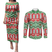 New Zealand Christmas In July Couples Matching Puletasi and Long Sleeve Button Shirt Meri Kirihimete Hei Tiki Taniko Motifs Seamless LT14 Red - Polynesian Pride