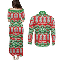 New Zealand Christmas In July Couples Matching Puletasi and Long Sleeve Button Shirt Meri Kirihimete Hei Tiki Taniko Motifs Seamless