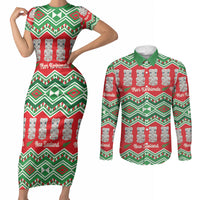 New Zealand Christmas In July Couples Matching Short Sleeve Bodycon Dress and Long Sleeve Button Shirt Meri Kirihimete Hei Tiki Taniko Motifs Seamless LT14 Red - Polynesian Pride