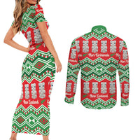 New Zealand Christmas In July Couples Matching Short Sleeve Bodycon Dress and Long Sleeve Button Shirt Meri Kirihimete Hei Tiki Taniko Motifs Seamless