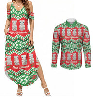 New Zealand Christmas In July Couples Matching Summer Maxi Dress and Long Sleeve Button Shirt Meri Kirihimete Hei Tiki Taniko Motifs Seamless LT14 Red - Polynesian Pride