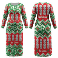 New Zealand Christmas In July Family Matching Long Sleeve Bodycon Dress and Hawaiian Shirt Meri Kirihimete Hei Tiki Taniko Motifs Seamless LT14 Mom's Dress Red - Polynesian Pride