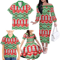 New Zealand Christmas In July Family Matching Off The Shoulder Long Sleeve Dress and Hawaiian Shirt Meri Kirihimete Hei Tiki Taniko Motifs Seamless