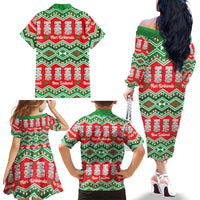 New Zealand Christmas In July Family Matching Off The Shoulder Long Sleeve Dress and Hawaiian Shirt Meri Kirihimete Hei Tiki Taniko Motifs Seamless