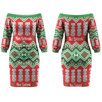 New Zealand Christmas In July Family Matching Off The Shoulder Long Sleeve Dress and Hawaiian Shirt Meri Kirihimete Hei Tiki Taniko Motifs Seamless LT14 Mom's Dress Red - Polynesian Pride