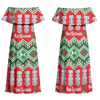 New Zealand Christmas In July Family Matching Off Shoulder Maxi Dress and Hawaiian Shirt Meri Kirihimete Hei Tiki Taniko Motifs Seamless LT14 Mom's Dress Red - Polynesian Pride