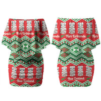 New Zealand Christmas In July Family Matching Off Shoulder Short Dress and Hawaiian Shirt Meri Kirihimete Hei Tiki Taniko Motifs Seamless LT14 Mom's Dress Red - Polynesian Pride