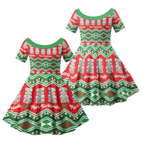 New Zealand Christmas In July Family Matching Puletasi and Hawaiian Shirt Meri Kirihimete Hei Tiki Taniko Motifs Seamless LT14 Daughter's Dress Red - Polynesian Pride