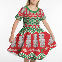 New Zealand Christmas In July Kid Short Sleeve Dress Meri Kirihimete Hei Tiki Taniko Motifs Seamless LT14 - Polynesian Pride