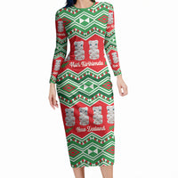 New Zealand Christmas In July Long Sleeve Bodycon Dress Meri Kirihimete Hei Tiki Taniko Motifs Seamless LT14 Long Dress Red - Polynesian Pride