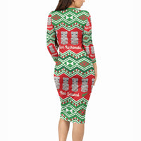 New Zealand Christmas In July Long Sleeve Bodycon Dress Meri Kirihimete Hei Tiki Taniko Motifs Seamless LT14 - Polynesian Pride