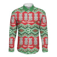 New Zealand Christmas In July Long Sleeve Button Shirt Meri Kirihimete Hei Tiki Taniko Motifs Seamless LT14 Unisex Red - Polynesian Pride