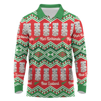 New Zealand Christmas In July Long Sleeve Polo Shirt Meri Kirihimete Hei Tiki Taniko Motifs Seamless