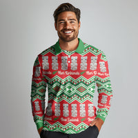 New Zealand Christmas In July Long Sleeve Polo Shirt Meri Kirihimete Hei Tiki Taniko Motifs Seamless
