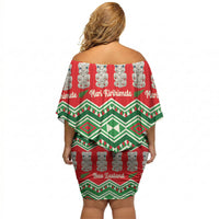 New Zealand Christmas In July Off Shoulder Short Dress Meri Kirihimete Hei Tiki Taniko Motifs Seamless LT14 - Polynesian Pride