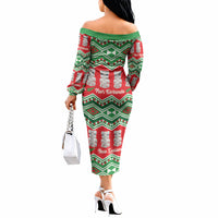 New Zealand Christmas In July Off The Shoulder Long Sleeve Dress Meri Kirihimete Hei Tiki Taniko Motifs Seamless LT14 - Polynesian Pride