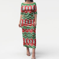 New Zealand Christmas In July Puletasi Meri Kirihimete Hei Tiki Taniko Motifs Seamless LT14 Long Dress Red - Polynesian Pride