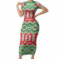 New Zealand Christmas In July Short Sleeve Bodycon Dress Meri Kirihimete Hei Tiki Taniko Motifs Seamless LT14 Long Dress Red - Polynesian Pride