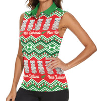 New Zealand Christmas In July Women Sleeveless Polo Shirt Meri Kirihimete Hei Tiki Taniko Motifs Seamless