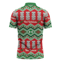 New Zealand Christmas In July Zipper Polo Shirt Meri Kirihimete Hei Tiki Taniko Motifs Seamless
