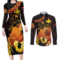 Papua New Guinea Independence Day Couples Matching Long Sleeve Bodycon Dress and Long Sleeve Button Shirt 50th Anniversary Papua Niu Gini Bird Of Paradise LT14