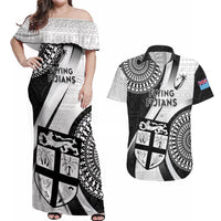 Fiji Rugby Couples Matching Off Shoulder Maxi Dress and Hawaiian Shirt World Cup 2023 Go Champions Fijian Tapa Black Version LT14 Black - Polynesian Pride