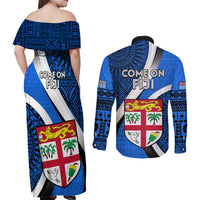 Fiji Rugby Couples Matching Off Shoulder Maxi Dress and Long Sleeve Button Shirts World Cup 2023 Go Champions Fijian Tapa Blue Version LT14 - Polynesian Pride