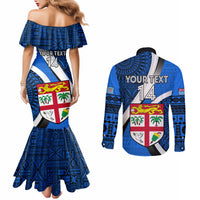 Custom Fiji Rugby Couples Matching Mermaid Dress and Long Sleeve Button Shirts World Cup 2023 Go Champions Fijian Tapa Blue Version LT14 - Polynesian Pride
