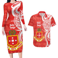 Personalised Kolisi Tonga Couples Matching Long Sleeve Bodycon Dress and Hawaiian Shirt Mate Maa Tonga Ngatu Pattern - Polynesian Pride