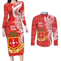 Personalised Kolisi Tonga Couples Matching Long Sleeve Bodycon Dress and Long Sleeve Button Shirt Mate Maa Tonga Ngatu Pattern - Polynesian Pride