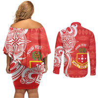 Personalised Kolisi Tonga Couples Matching Off Shoulder Short Dress and Long Sleeve Button Shirt Mate Maa Tonga Ngatu Pattern - Polynesian Pride