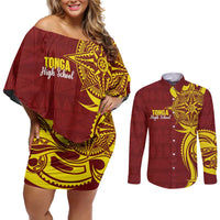 Personalised Tonga High School Couples Matching Off Shoulder Short Dress and Long Sleeve Button Shirt THS Tongan Ngatu Pattern - Polynesian Pride