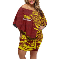 Personalised Tonga High School Family Matching Off Shoulder Short Dress and Hawaiian Shirt THS Tongan Ngatu Pattern - Polynesian Pride