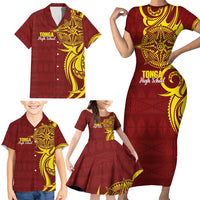 Personalised Tonga High School Family Matching Short Sleeve Bodycon Dress and Hawaiian Shirt THS Tongan Ngatu Pattern - Polynesian Pride