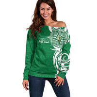 Personalised Liahona - Saineha High School Off Shoulder Sweater Tongan Ngatu Pattern - Polynesian Pride