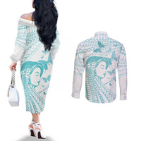 Polynesia Cervical Cancer Awareness Month Couples Matching Off The Shoulder Long Sleeve Dress and Long Sleeve Button Shirt Polynesian Women Faith Hope Love!