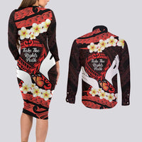 Polynesia AIDS Awareness Month Couples Matching Long Sleeve Bodycon Dress and Long Sleeve Button Shirt Take The Rights Path Polynesian Pattern