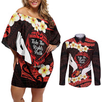 Polynesia AIDS Awareness Month Couples Matching Off Shoulder Short Dress and Long Sleeve Button Shirt Take The Rights Path Polynesian Pattern