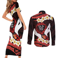 Polynesia AIDS Awareness Month Couples Matching Short Sleeve Bodycon Dress and Long Sleeve Button Shirt Take The Rights Path Polynesian Pattern