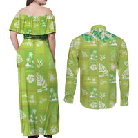 Aloha Hawaii Tuberose Lei Couples Matching Off Shoulder Maxi Dress and Long Sleeve Button Shirt Tropical Vibes Green Color - Polynesian Pride