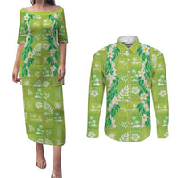 Aloha Hawaii Tuberose Lei Couples Matching Puletasi and Long Sleeve Button Shirt Tropical Vibes Green Color LT14 Green - Polynesian Pride