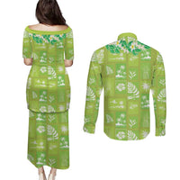 Aloha Hawaii Tuberose Lei Couples Matching Puletasi and Long Sleeve Button Shirt Tropical Vibes Green Color LT14 - Polynesian Pride