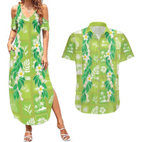 Aloha Hawaii Tuberose Lei Couples Matching Summer Maxi Dress and Hawaiian Shirt Tropical Vibes Green Color - Polynesian Pride