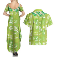 Aloha Hawaii Tuberose Lei Couples Matching Summer Maxi Dress and Hawaiian Shirt Tropical Vibes Green Color - Polynesian Pride