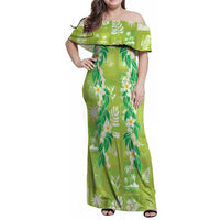 Aloha Hawaii Tuberose Lei Family Matching Off Shoulder Maxi Dress and Hawaiian Shirt Tropical Vibes Green Color - Polynesian Pride
