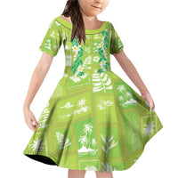 Aloha Hawaii Tuberose Lei Family Matching Off Shoulder Short Dress and Hawaiian Shirt Tropical Vibes Green Color - Polynesian Pride