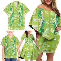 Aloha Hawaii Tuberose Lei Family Matching Off Shoulder Short Dress and Hawaiian Shirt Tropical Vibes Green Color - Polynesian Pride
