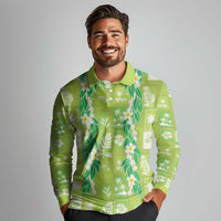 Aloha Hawaii Tuberose Lei Long Sleeve Polo Shirt Tropical Vibes Green Color - Polynesian Pride