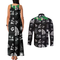 Aloha Hawaii Tuberose Lei Couples Matching Tank Maxi Dress and Long Sleeve Button Shirt Tropical Vibes Black Color - Polynesian Pride