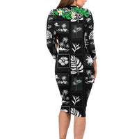 Aloha Hawaii Tuberose Lei Family Matching Long Sleeve Bodycon Dress and Hawaiian Shirt Tropical Vibes Black Color - Polynesian Pride